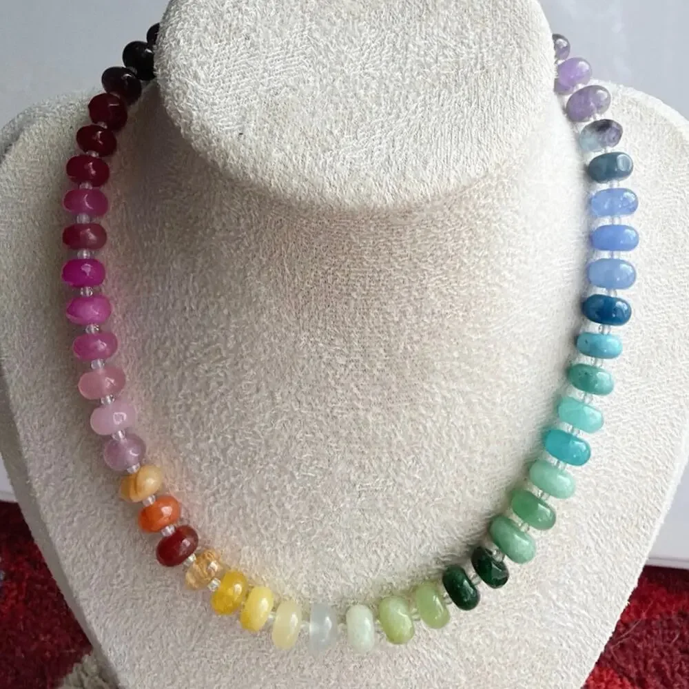 Ombre Rainbow Gemstone Necklace, Semi-Precious, Silver Tone Hardware, Almost 15